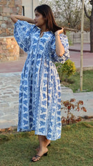 Wholesale Long Block Printed Dress Deep Neck with String Closer
