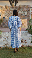 Wholesale Long Block Printed Dress Deep Neck with String Closer