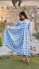 Wholesale Long Block Printed Dress Deep Neck with String Closer