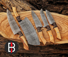 Wholesale Damascus Steel Chef Set Hand Forged 5 Pcs BBQ Kitchen Knives
