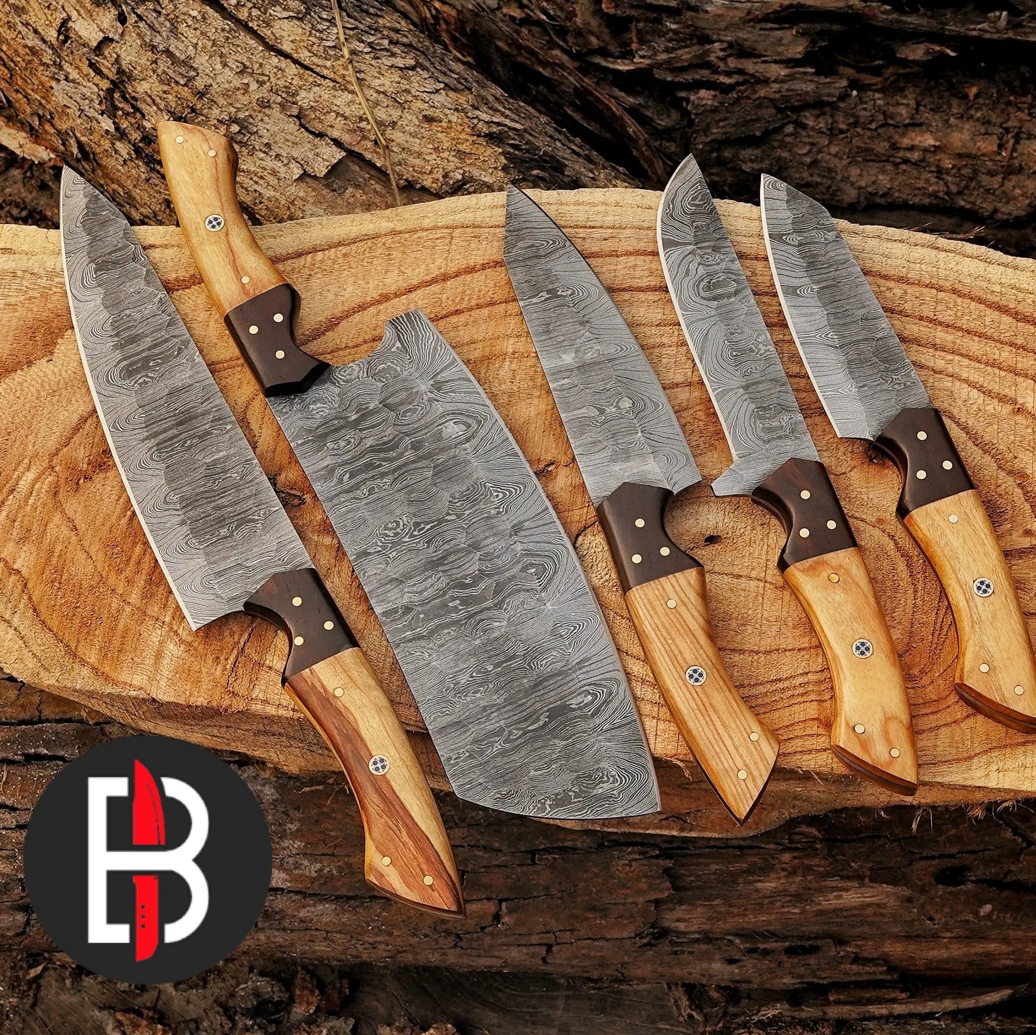 Wholesale Damascus Steel Chef Set Hand Forged 5 Pcs BBQ Kitchen Knives