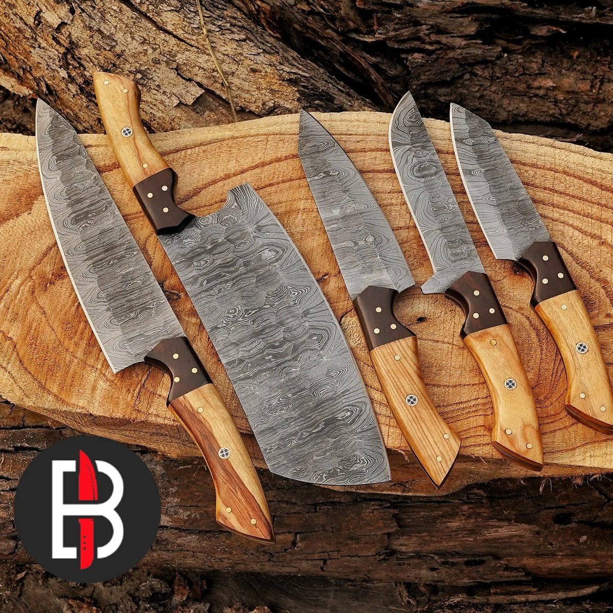 Wholesale Damascus Steel Chef Set Hand Forged 5 Pcs BBQ Kitchen Knives