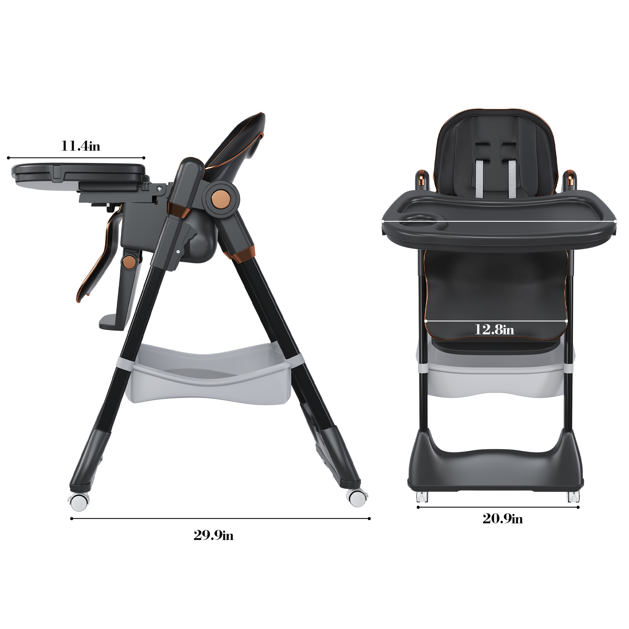Wholesale Adjustable Black Baby High Chair with Wheels & Belt