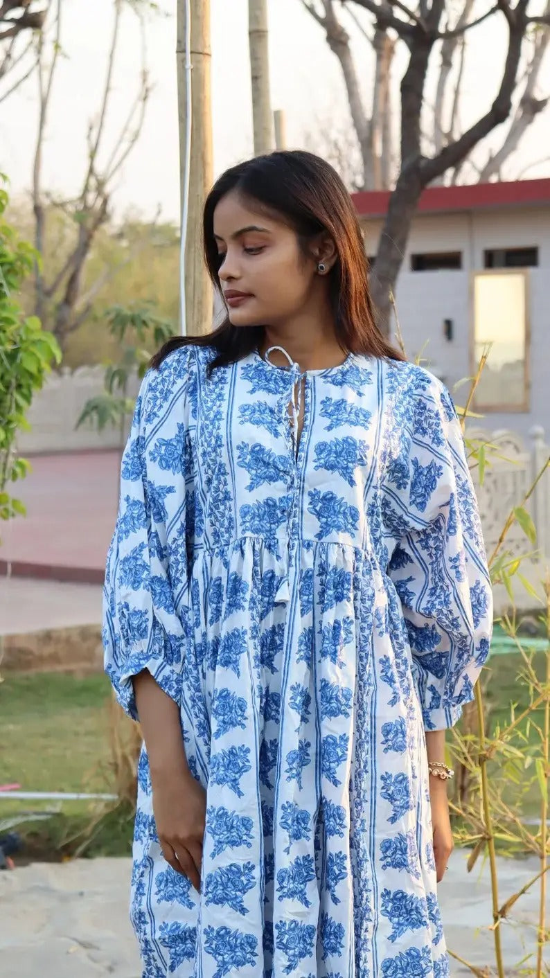 Wholesale Long Block Printed Dress Deep Neck with String Closer